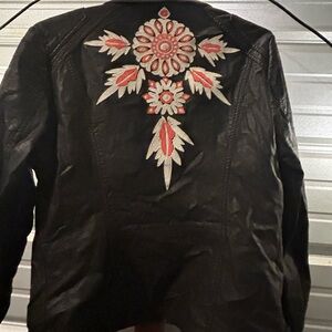 Miss Me Black Leather Jacket with Red and White Embroidery